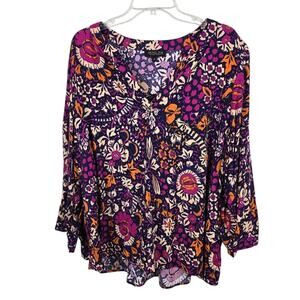 Rachel Zoe Floral Popover Top 3/4 Notch Neck Purple Orange  Boho Causal Flowy 1X
